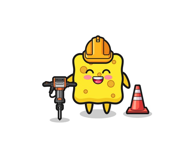 Road worker mascot of sponge holding drill machine cute design