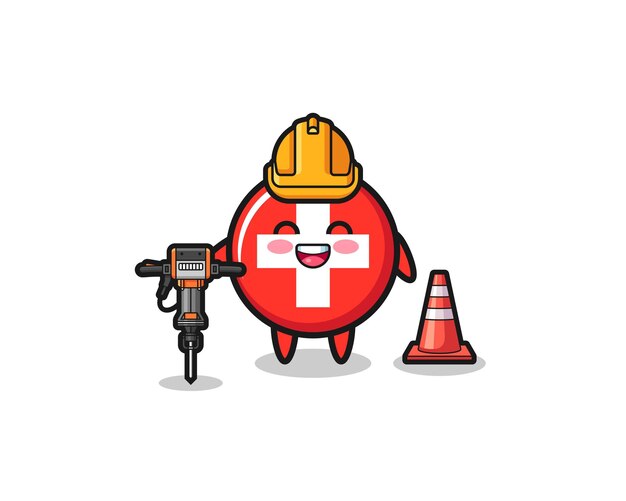Road worker mascot of switzerland holding drill machine  cute design