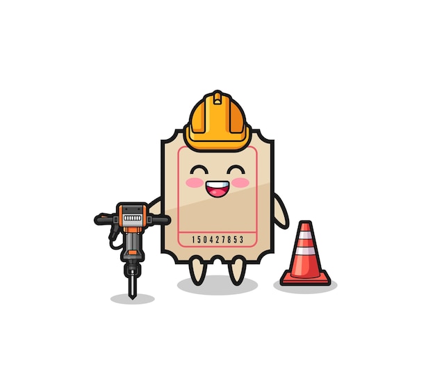 Road worker mascot of ticket holding drill machine cute design