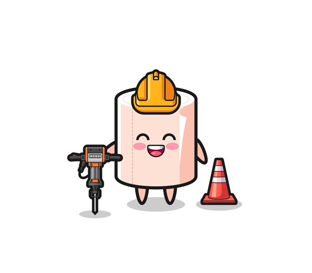 Road worker mascot of tissue roll holding drill machine