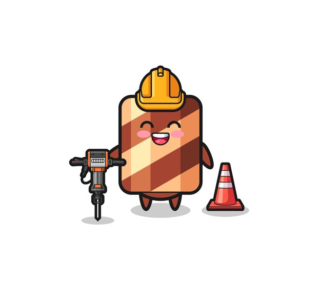 Road worker mascot of wafer roll holding drill machine cute design