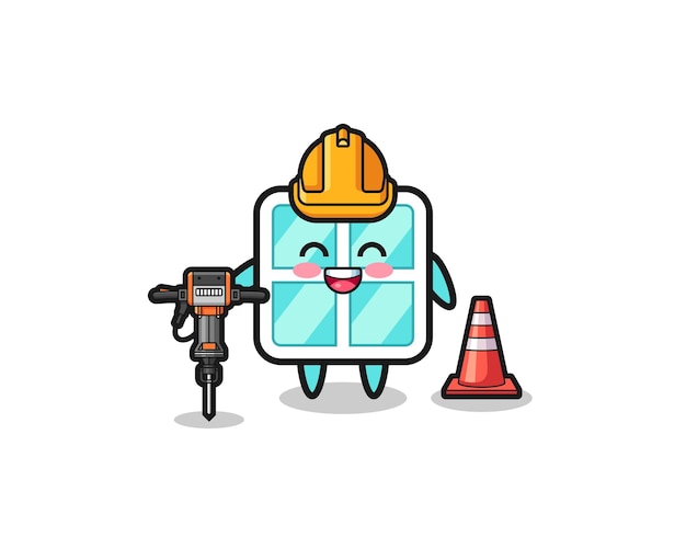 Road worker mascot of window holding drill machine cute design