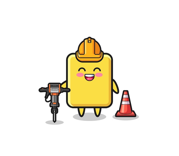 Road worker mascot of yellow card holding drill machine