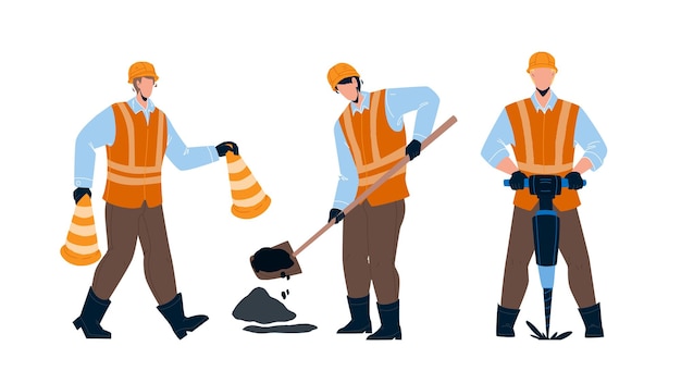 Road worker repairing street infrastructure vector. road worker in uniform carrying cones, drilling and patching hole in asphalt. characters builders working together flat cartoon illustration