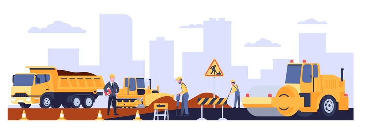 Vector road works on construction of new highway with special equipment workman in overalls workers brigade repairing street truck and paver asphalt laying roadway renovation vector concept