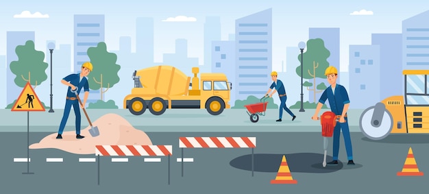 Gli operai dei lavori stradali riparano la strada rinnovano l'asfalto