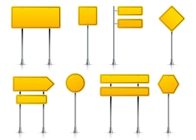 도로 노란색 기호 기둥에 현실적인 고속도로 표지판 3d 길가 포인터 격리 된 유형의 빈 푯말 교통 규제를 위해 설정된 안내표 복사 공간이 있는 벡터 간판
