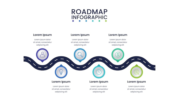 Vector roadmap business infographic timeline design template with icons six steps or options