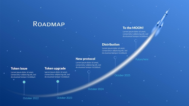 Roadmap with flying spacecraft with long trail in starry sky on blue background Timeline infographic template for business presentation Vector