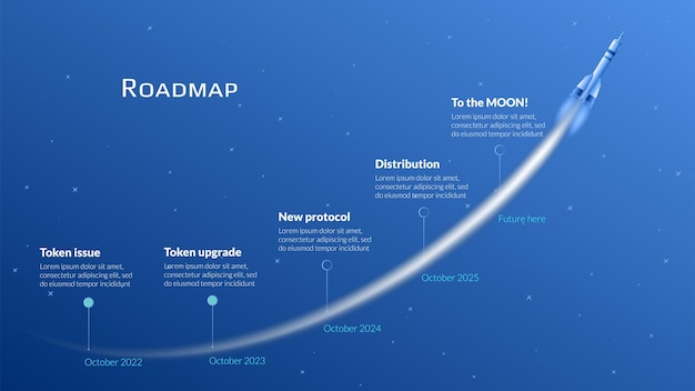 Roadmap with flying spacecraft with long trail in starry sky on blue background timeline infographic template for business presentation vector