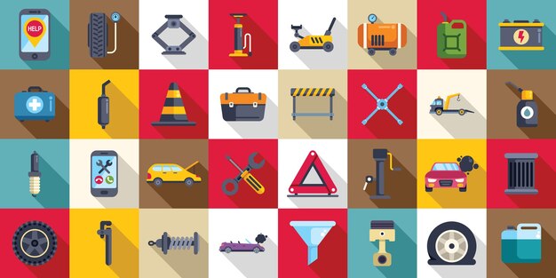 Vector roadside assistance icons set flat vector car accident insurance