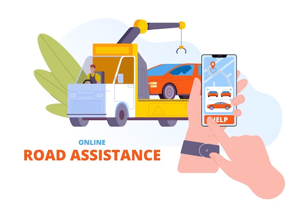 Roadside assistance online Accident car rescue mobile app platform digital emergency truck help on road maintenance service for broken automobile driver vector illustration of assistance emergency