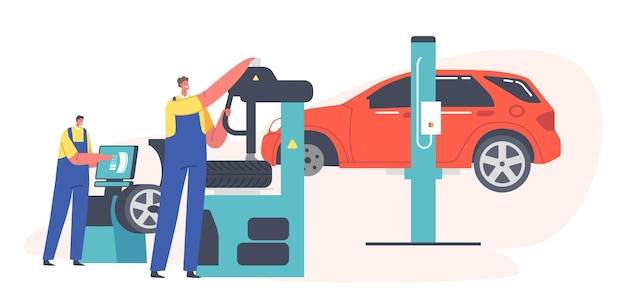 Roadside Vehicle Repair Service Workers Change and Mount Tires at Garage for Car Stand on Elevator Male Characters Wear Uniform Replace Tyres at Mechanic Workshop Cartoon People Vector Illustration