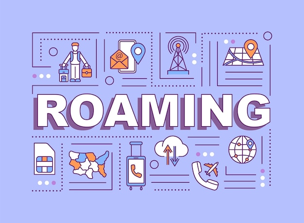 Banner di concetti di parola in roaming. telecomunicazioni senza fili, servizio di rete. infografica con icone lineari su sfondo viola. tipografia isolata. illustrazione a colori rgb di contorno vettoriale