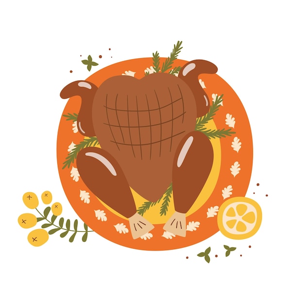 Roast turkey or chicken on the plate with herbs and lemon for thanksgiving dinner thanksgiving turkey food hand drawn in cute cartoon style top view vector illustration turkey isolated element