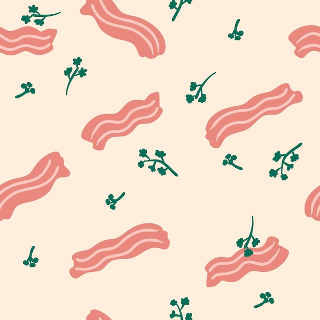 Roasted bacon slices and parsley greens seamless pattern Simple and great design for any purposes Hand drawn vector illustration