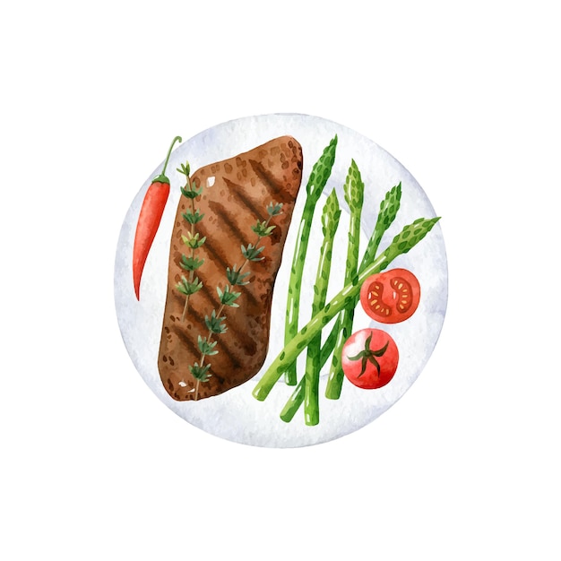 Roasted beef steak with asparagus tomatoes and chili pepper Dinner food clipart Vector