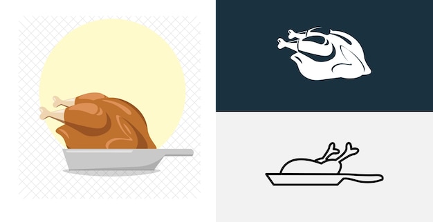 Roasted chicken on a frying pan isolated vector icon line solid food design element