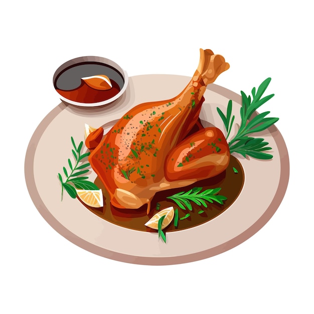 Vector roasted chicken leg on plate on a white background handdrawn illustration isolated on white background in boho style