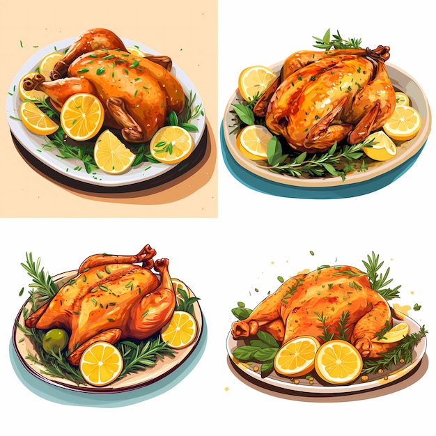 Vector roasted chicken with lemon and herbs