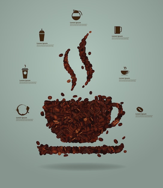Жареные кофейные зерна, помещенные в форму чашки, векторная иллюстрация современный макет шаблон дизайн
