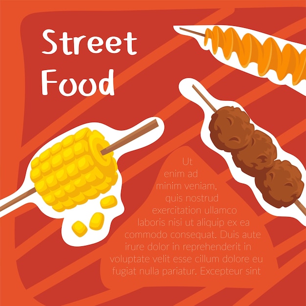 Menu street food di patate arrosto, mais alla griglia e polpette di carne. cucinare e preparare i pasti, mix di piatti arabi. banner promozionale, poster o pubblicità con informazioni. vettore in stile piatto