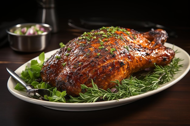 Roasted turkey on the grill partially sliced in a plate with vegetables on the sides on the festive