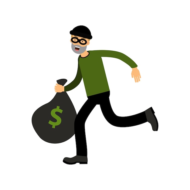 Vector robber character running with big money bag vector illustration on a white background