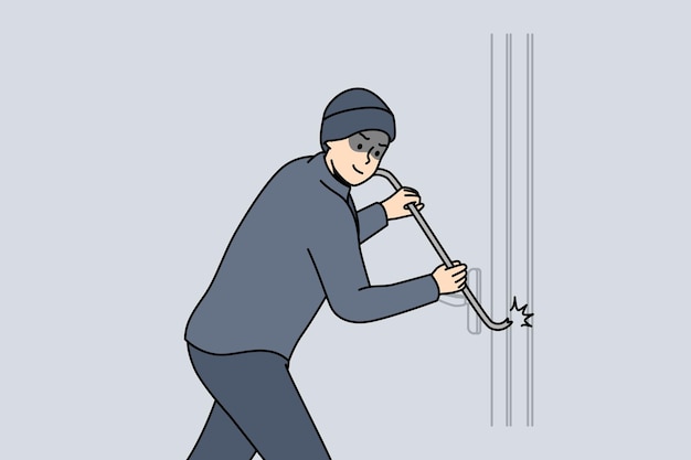 Vector robber in dark clothing force lock of building door