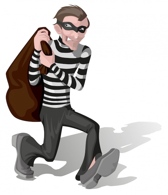 Vector robber in mask carries bag