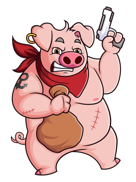 The robber pig holding gun and carrying sack of money