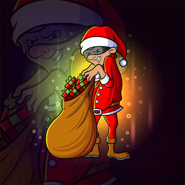 The robber santa claus is stealing gifts esport logo design of illustration