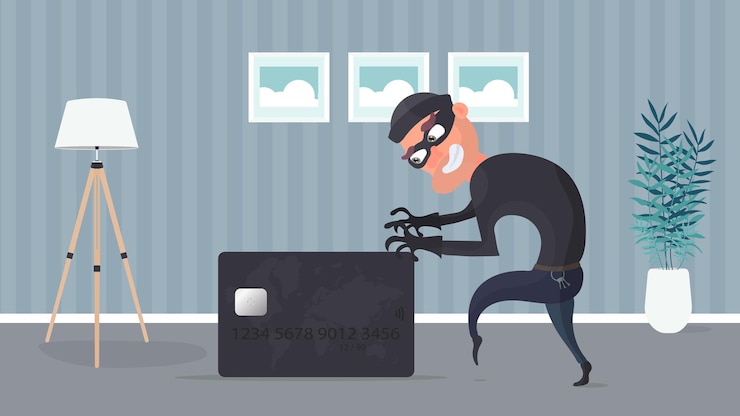 वेक्टर the robber steals a bank card. the thief is trying to steal a bank card. good for the topic of security, robbery, scam and fraud. vector.