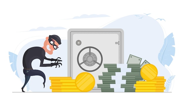 Vector the robber steals money. the criminal steals gold coins. robbery and finance security concept. flat style, vector.