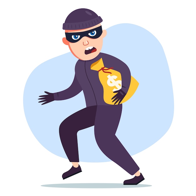 the robber stole a bag of money. the criminal sneaks. flat character 