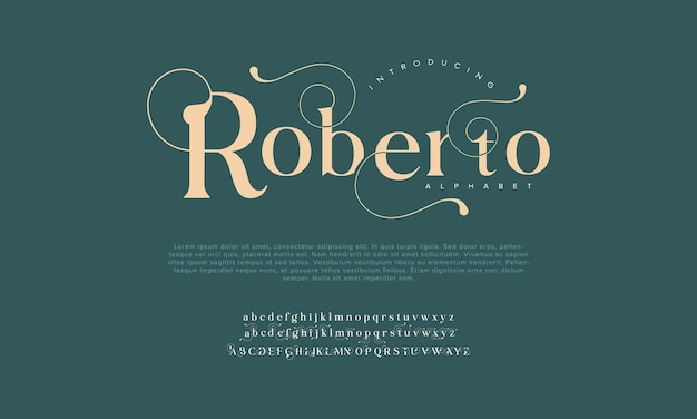Vettore roberto premium lusso elegante alfabeto lettere e numeri tipografia matrimoniale vintage serif classico