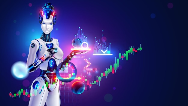Robot AI trader analysing chart of stock exchange market Woman robot trader assistant on forex market Automated trading AI system Bot trader developing trading strategy on stock exchange market