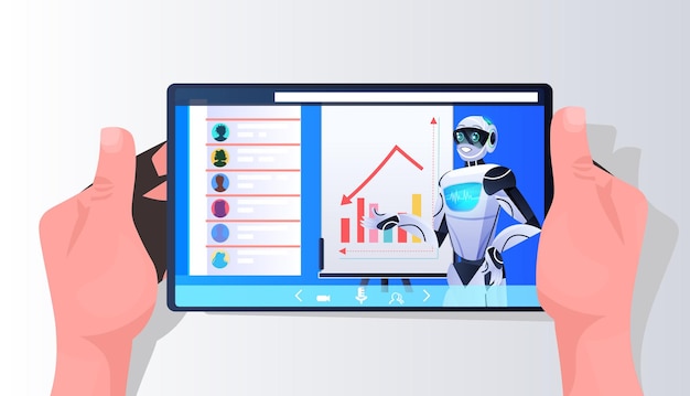 Robot analyzing financial statistics data on smartphone screen artificial intelligence technology concept