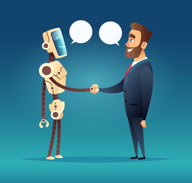 Робот и мужчина встретили встречу и разговор искусственного интеллекта и бизнесмена в костюме