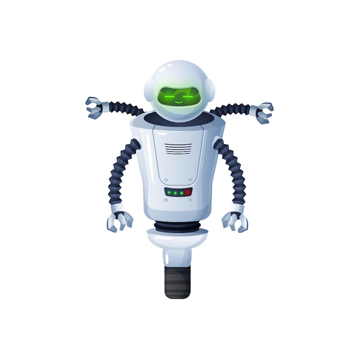 Vector robot android with claw hands and interface isolated cartoon icon vector digital character kids toy white robotic friendly bot repair machine artificial intelligence electronic space automaton