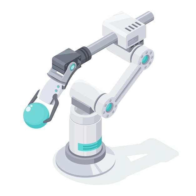 Robot arm factory technician programing leaning system isometric model cartoon on clean simple white