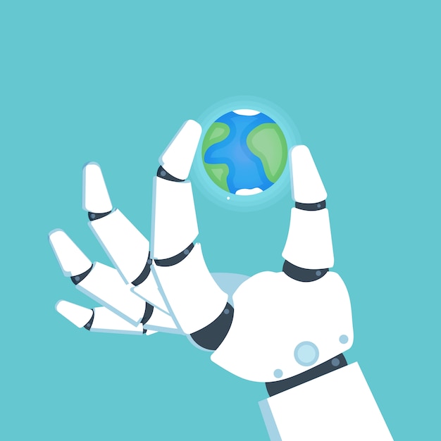 Robot arm, hand holding planet earth. vector illustration.