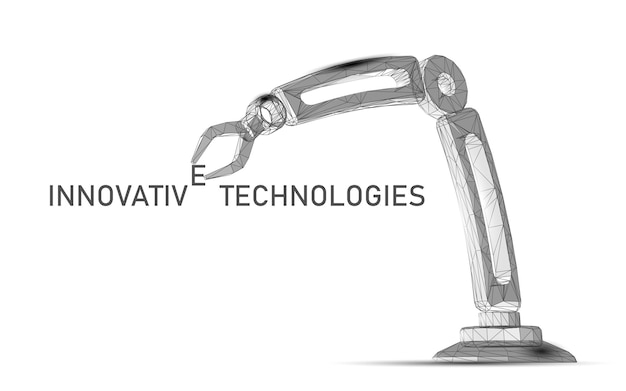 Robot arm low poly manipulator. part construct assembly triangle shape. polygonal connected dots 3d render robotic artificial machinery innovation technology hand vector illustration