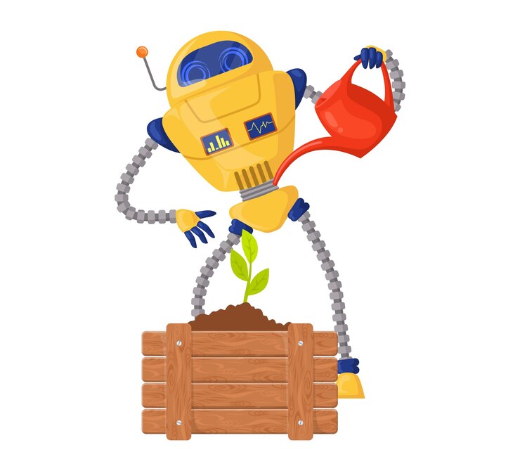 Vector robot assistant watering plant vector flat icon