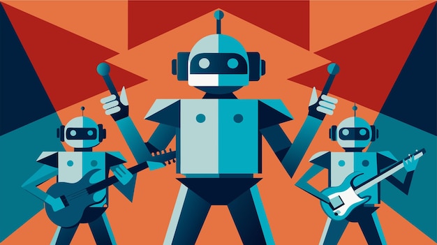 Robot band performing on stage vector illustration