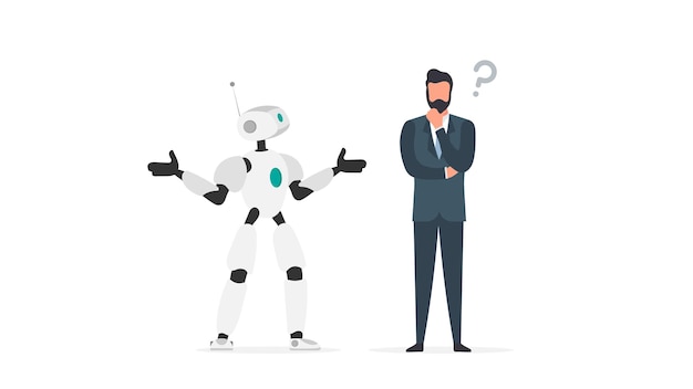 The robot cannot find a solution. The robot makes a helpless gesture. The businessman pondered. Artificial intelligence failure concept. Isolated. Vector.