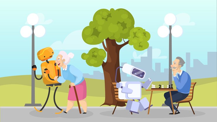 Vector robot care about old people concept. artificial intelligence