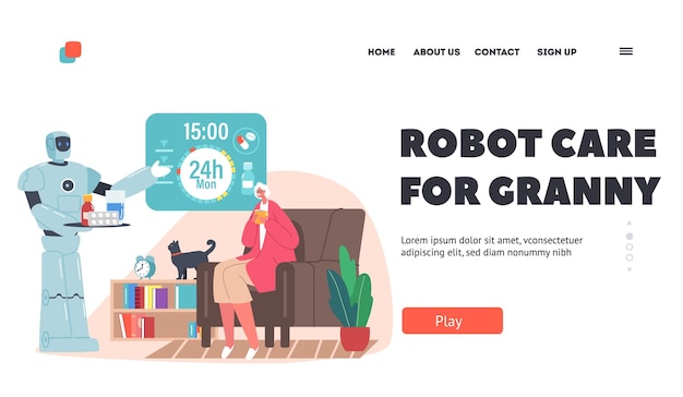 おばあちゃんの着陸ページテンプレートサイボーグのロボットケア老婆が薬を持参するのを助ける機械的介護者が障害のあるシニアキャラクターを支援未来的な高齢者ケア漫画ベクトルイラスト