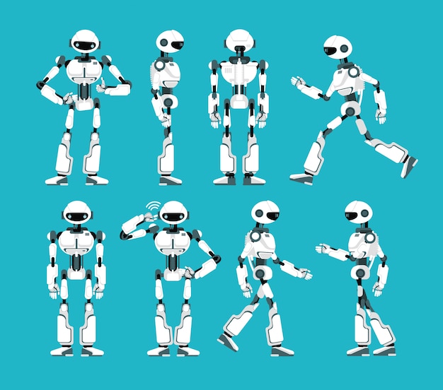 Vector robot character. cartoon robotic mechanism, humanoid vector set