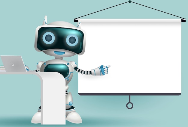 Robot character presentation vector background design Robotic 3d character pointing and presenting